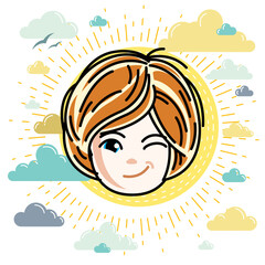Vector illustration of beautiful red-haired happy girl face, positive face features, clipart. Teenager winking.