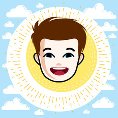 Boy face, human head. Vector character, happy red-haired teenager with stylish haircut.