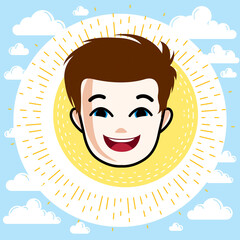 Boy face, human head. Vector character, happy red-haired teenager with stylish haircut.