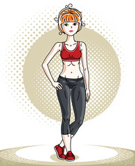 Young beautiful redhead athletic woman posing. Vector illustration of attractive female wearing leggings and short shirt.  Active and healthy lifestyle theme cartoon.