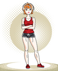 Young beautiful redhead athletic woman posing. Vector illustration of attractive female wearing shorts.  Active and healthy lifestyle theme cartoon.