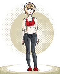 Attractive young blonde sportswoman adult standing. Vector illustration of lady wearing leggings and short shirt.  Sport style.
