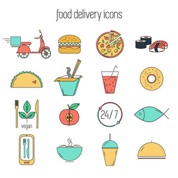 Food ordering and delivery icons set.
