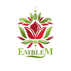 Vintage heraldic vector emblem created with lily flower royal symbol. Eco product symbol, organic and healthy food theme illustration.