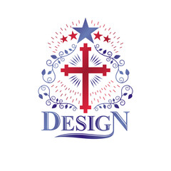Obraz premium Christian Cross gothic emblem created with pentagonal star and laurel wreath. Heraldic Coat of Arms decorative logo isolated vector illustration. Religion and spirituality art symbol.