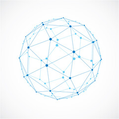 3d vector low poly spherical object with black connected lines and dots, geometric blue wireframe shape. Perspective facet ball created with squares and pentagons.