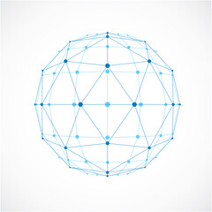 Abstract vector low poly object with black lines and dots connected. Blue 3d futuristic ball with overlapping lines mesh and geometric figures.