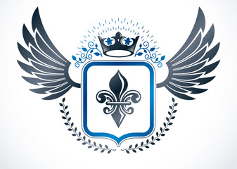 Vintage winged emblem created in vector heraldic design and composed using lily flower and imperial crown.