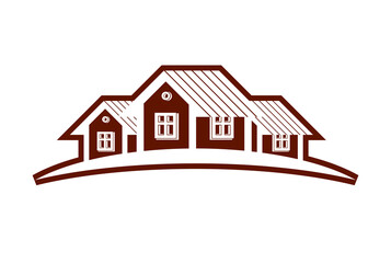 Colorful holiday houses vector illustration, home image with horizon line. Touristic and real estate creative emblem, cottages front view.