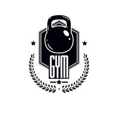 Logotype for heavyweight gym or fitness sport gymnasium, retro style vector emblem. With kettlebell.