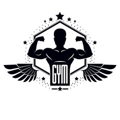 Gym weightlifting and fitness sport club logo, vintage style vector emblem. With sportsman silhouette.