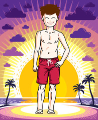 Pretty child boy standing wearing fashionable beach shorts. Vector human illustration. Fashion and lifestyle theme cartoon.