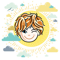Vector illustration of beautiful red-haired happy girl face, positive face features, clipart. Teenager winking.