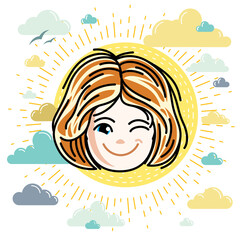 Vector illustration of beautiful red-haired happy girl face, positive face features, clipart. Teenager winking.