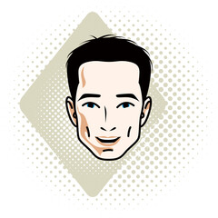 Man face, human head. Vector character, handsome brunet male with stylish haircut.