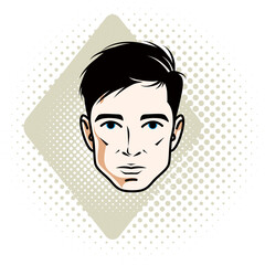 Vector illustration of handsome brunet male face, positive face features, clipart.