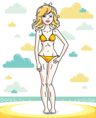Obraz na płótnie Canvas Happy pretty young blonde woman standing on tropical beach and wearing swimming suit. Vector character. Summer holidays theme.