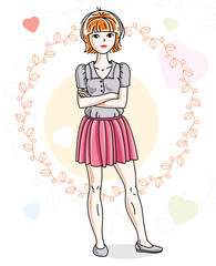 Young beautiful redhead woman adult standing on colorful background with Valentine hearts in modern casual clothes. Vector nice lady illustration.