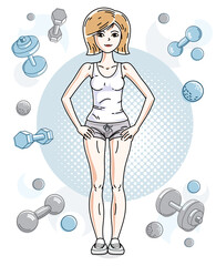 Young beautiful blonde sporty woman standing on simple background with dumbbells and barbells. Vector character wearing shorts and T-shirt. Sport and fitness theme.