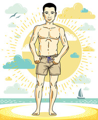 Handsome young man standing on tropical beach in bright shorts. Vector athletic male illustration. Summer vacation lifestyle theme cartoon.