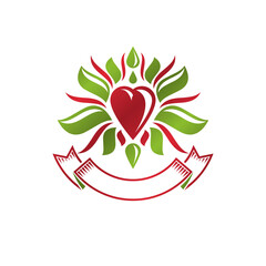 Vintage heraldic vector emblem created with lily flower royal symbol and red romantic heart shape. Eco product symbol, organic theme element for design.