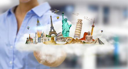 Businesswoman touching a cloud full of famous monuments with her finger 3D rendering