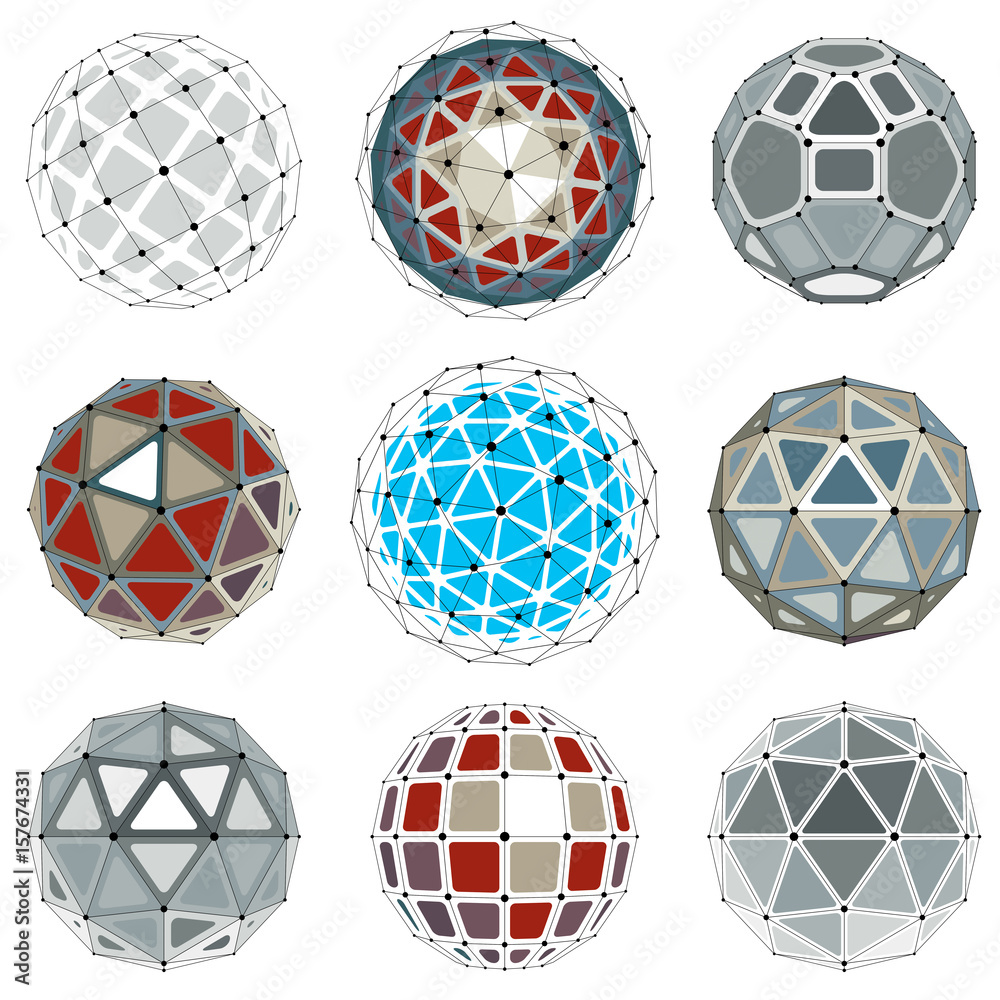Fototapete set of vector dimensional wireframe low poly objects, spherical facet shapes with grid. technology 3