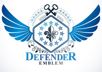 Heraldic sign created using vector elements, heraldry winged insignia composed with lily flower royal symbol and old keys, heraldic vector.