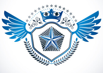 Obraz premium Heraldic sign made using vector elements, heraldry insignia created using monarch crown, pentagonal stars and laurel wreath