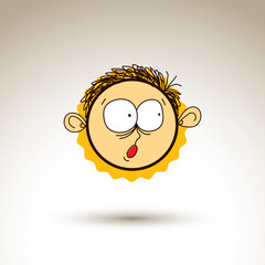 Vector graphic drawing of surprised person face, bizarre male portrait. Social network theme illustration, human emotions idea.