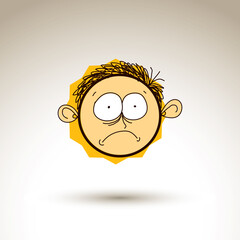Vector artistic colorful drawing of sad person face, communication and social network design element isolated on white. Allegory illustration, emotions and human temperament conceptual image.