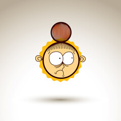 Vector simple illustration of sad girl isolated on white background, hand drawn design element, web avatar for social networks. Facial expressions on teenager face.