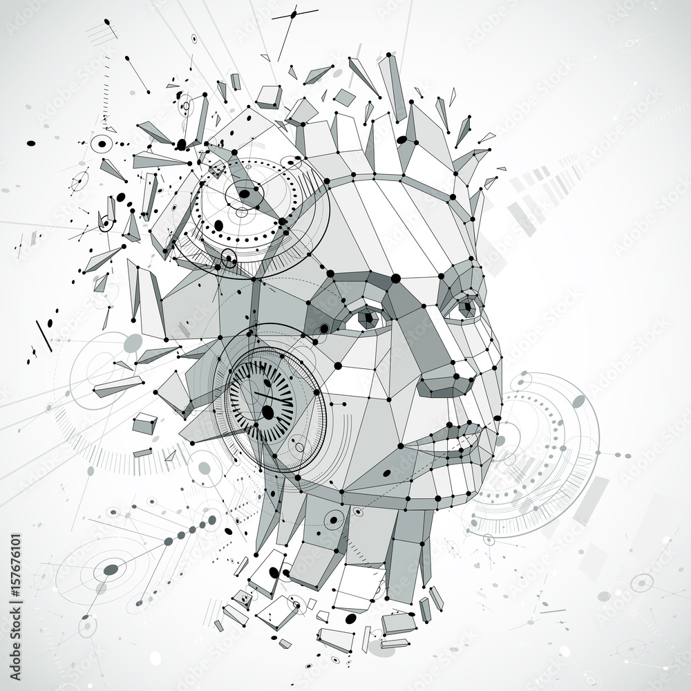 Poster communication technology 3d vector background made with engineering draft elements and mechanism par
