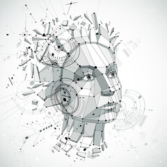 Obraz premium Communication technology 3d vector background made with engineering draft elements and mechanism parts, science subject. Low poly illustration of human head full of thoughts, intelligence allegory.