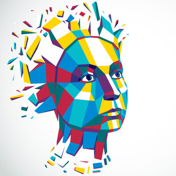 Modern technological illustration of personality, 3d vector portrait. Intelligence metaphor, low poly face with splinters which fall apart, head exploding with ideas, thoughts and imagination.