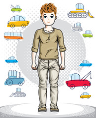 Teen cute little boy standing in stylish casual clothes. Vector kid illustration. Fashion theme clipart. Childhood lifestyle cartoon.