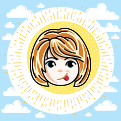 Vector illustration of beautiful red-haired happy girl face, positive face features, clipart. Teenager making funny grimace.