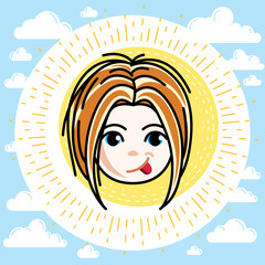 Vector illustration of beautiful red-haired happy girl face, positive face features, clipart. Teenager making funny grimace.