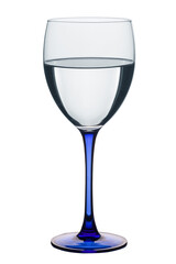 Wine glass filled mineral water with blue foot isolated on white background