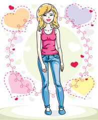 Attractive young blonde woman adult standing on colorful backdrop with Valentine romantic hearts in casual clothes. Vector human illustration.