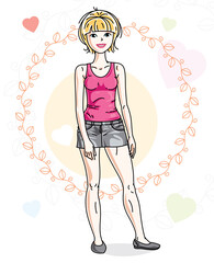Young beautiful blonde woman posing on bright background with loving hearts and wearing casual clothes. Vector attractive female illustration. Valentine day theme cartoon.