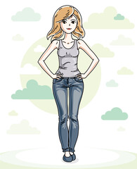 Beautiful young blonde woman standing on background with blue heavens clouds and wearing fashionable casual clothes. Vector human illustration.