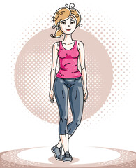 Young beautiful blonde slim woman adult standing. Vector illustration of nice lady wearing leggings and pink T-shirt. Work out and training theme.