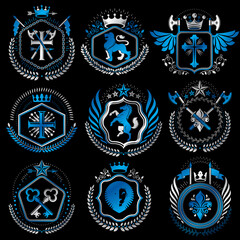 Set of old style heraldry vector emblems, vintage illustrations decorated with monarch accessories, towers, pentagonal stars, weapon and armory. Coat of Arms collection.