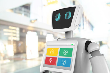 Robotics Trends technology business concept. Autonomous personal assistant robot for navigation direction and items in retail mall shop blur background. 3D rendering