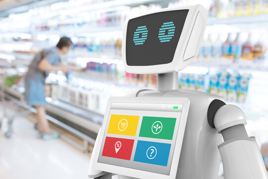 Robotics Trends Technology Business Concept. Autonomous Personal Assistant Robot For Navigation Direction And Items In Retail Mall Shop Blur Background. 3D Rendering