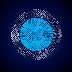 Futuristic cybernetic scheme, vector motherboard blue illustration with neon lights. Circular gleam element with circuit board texture.