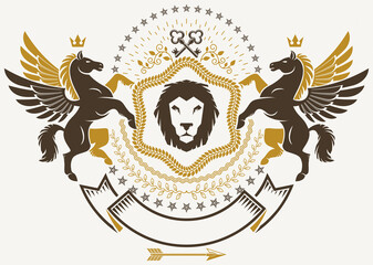 Luxury heraldic vector emblem template. Vector blazon created using graceful Pegasus, monarch crowns and security keys. Wild lion.