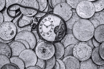 Lonely boat on spring lake, black and white photography