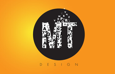 MT M T Logo Made of Small Letters with Black Circle and Yellow Background.